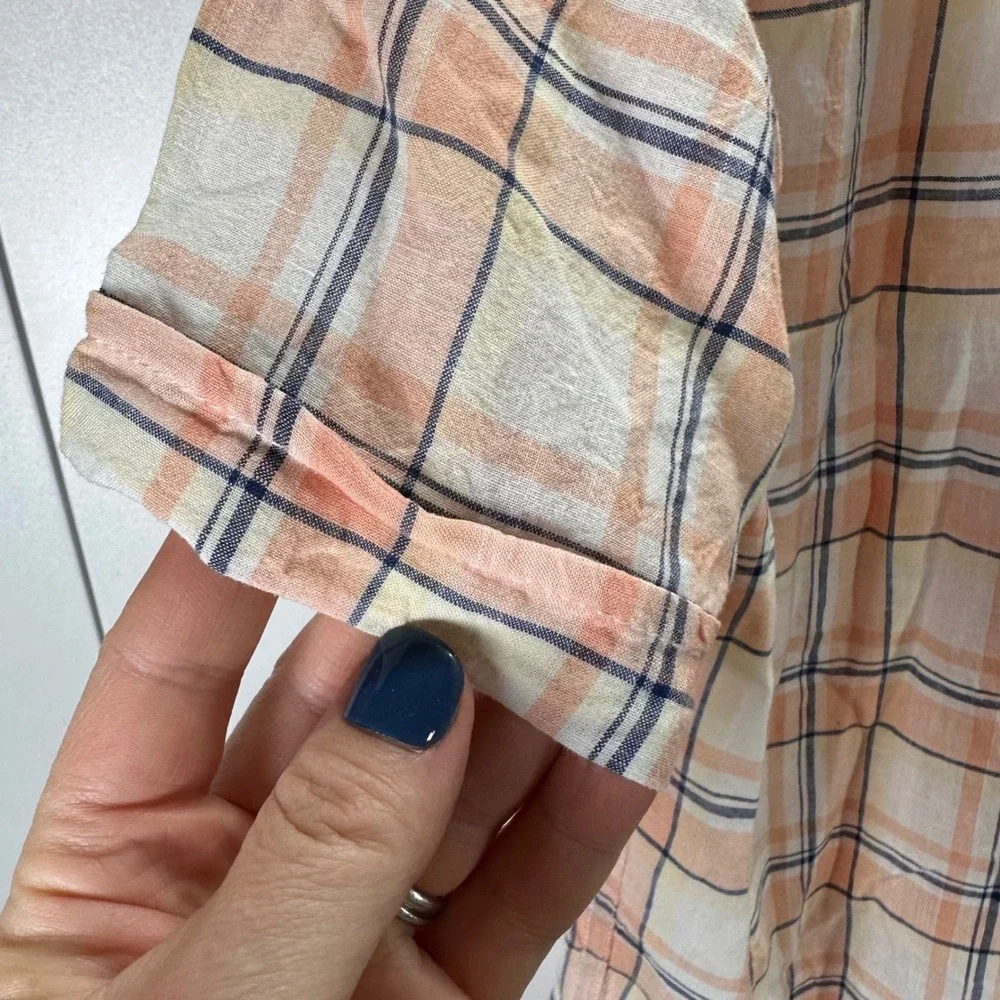 Twill Linen Plaid Peach Orange‎ Button Down Short Sleeve Shirt Mens Medium